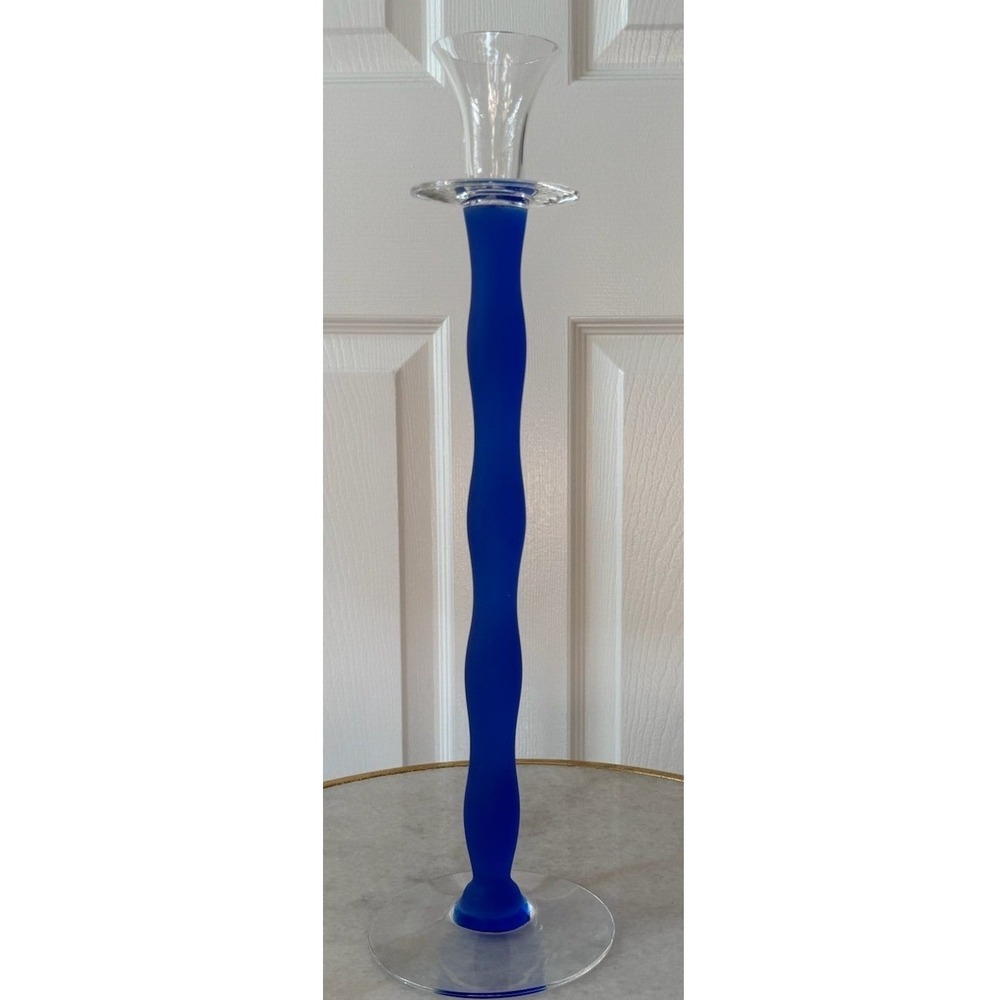 Orrefors Celeste Anne Nilsson Blue Frosted Wavy Glass Candle Holder 14.5" Sweden